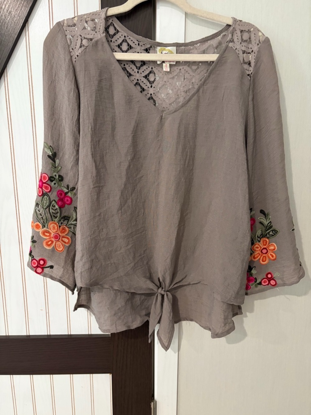 fig and flower Taupe Boho Embroidered Sleeve Blouse